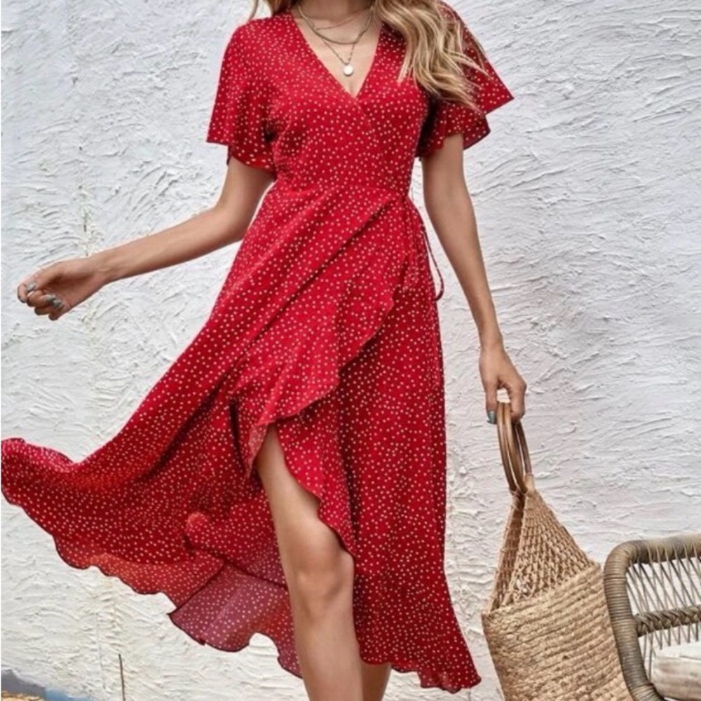 Elegant Red Polka Dot Wrap Dress